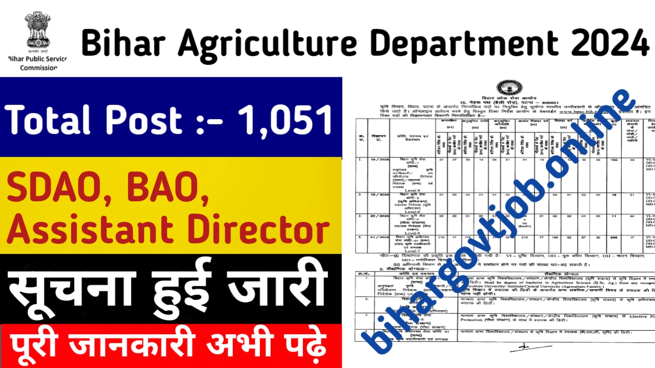 BPSC Agriculture Department Officer 2024 Total Post 1051 : Bihar Agriculture Department Online Apply