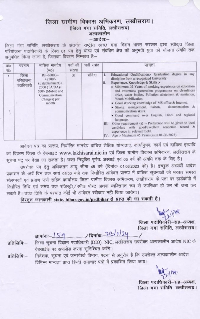 Bihar District Project Officer Vacancy 2024