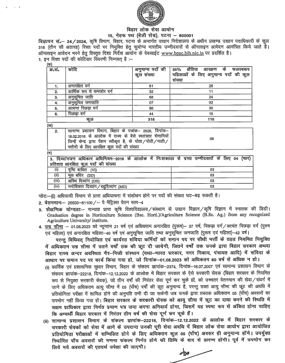 BPSC Block Horticulture Officer Recruitment 2024 Necessary Details 