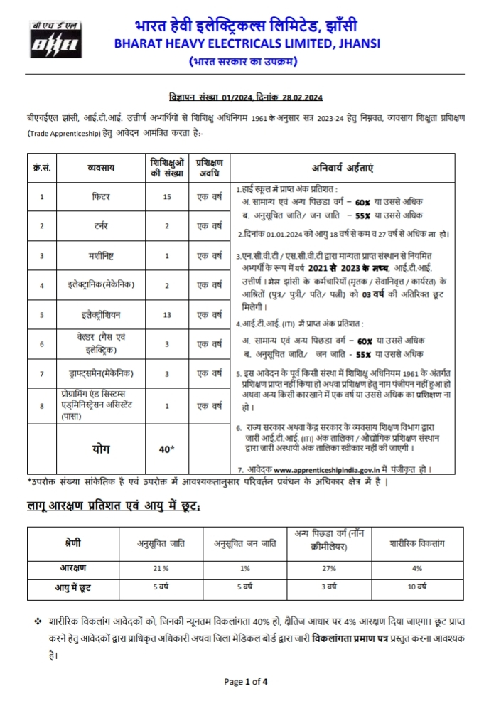 Bharat Heavy Electricals Limited Apprentice Vacancy 2024 Official Notification