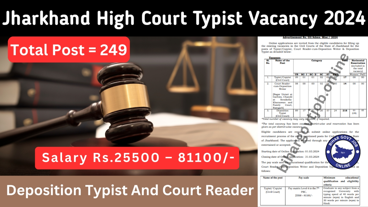 Jharkhand High Court Deposition Typist And Court Reader Vacancy 2024