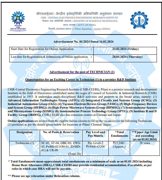 CSIR CEERI Technician Vacancy 2024 Official Notification